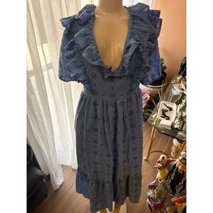BSL Blue Eyelet Embroidered Ruffle Midi Dress Cottagecore V-Neck Short Sleeve M